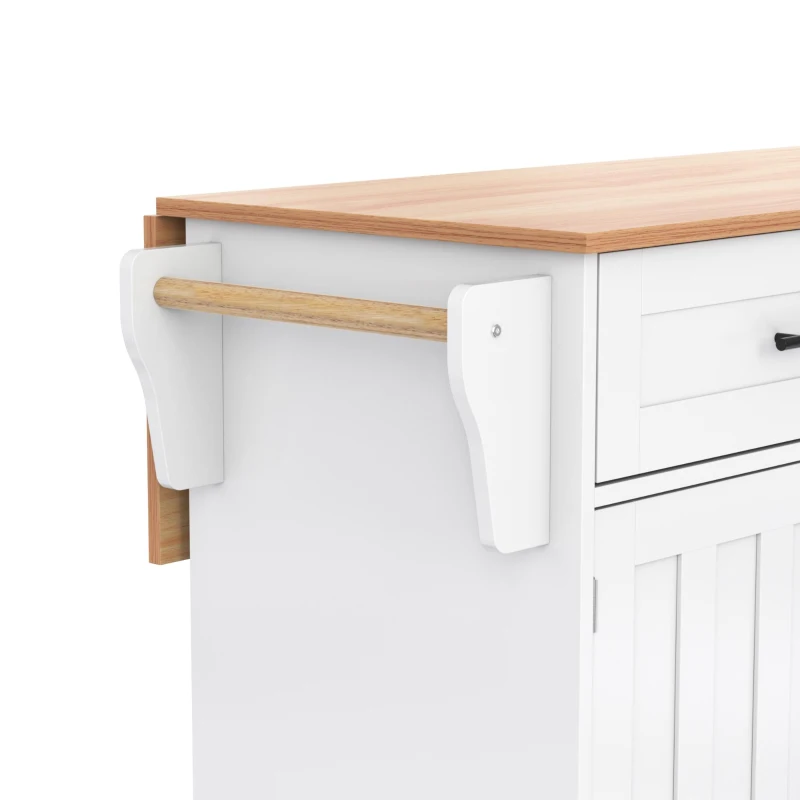 Kücheninsel auf 5 Rädern, ausklappbarer Klapptischplatte, 129x46/71x91,5 cm, Weiß+Naturfarbe