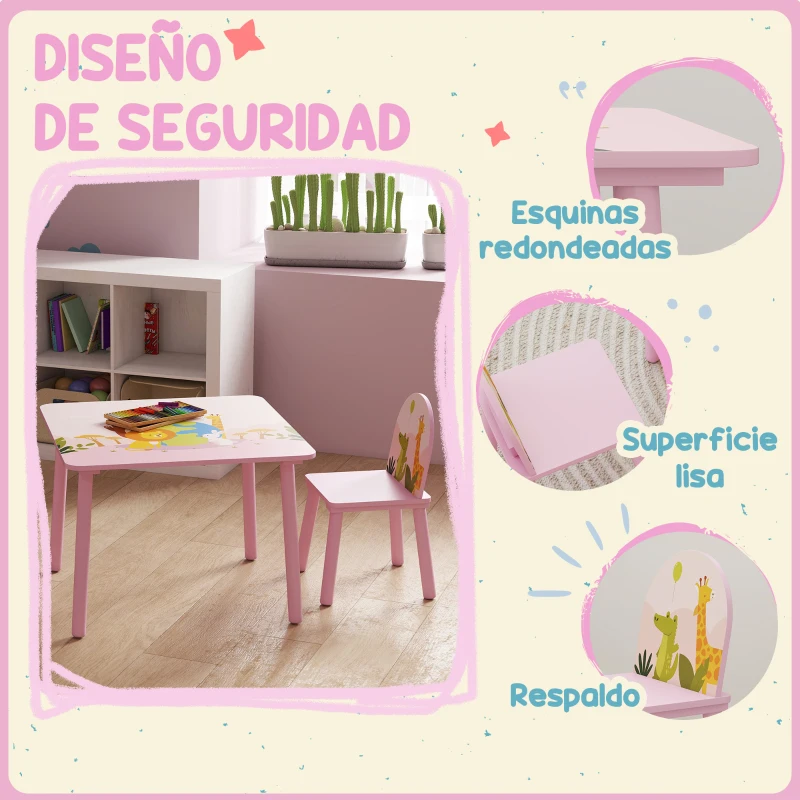AIYAPLAY Mesa Infantil con 2 Sillas Mesa y Sillas Infantil con Estampados de Animales para Niños y Niñas de 3-8 Años Rosa