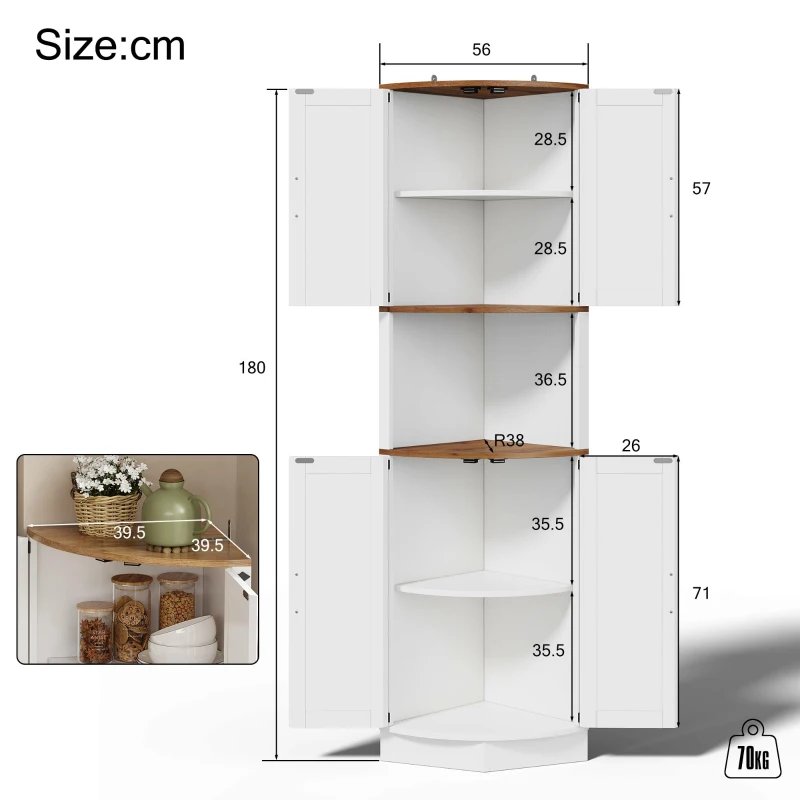 Eckschrank, platzsparend mit 5 Staufächern, Vintage-Küchenschrank, 39,5 x 39,5 x 180 cm, Weiß