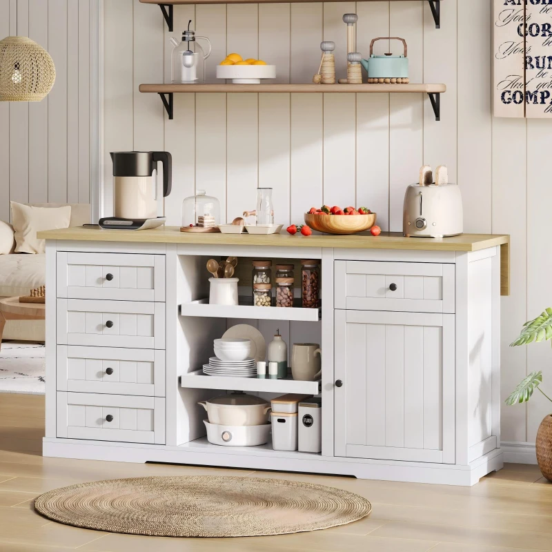 Kücheninsel mit klappbarer Erweiterungsplatte, 5 Schubladen und 2 Ausziehböden, 150x45/65x75,5 cm, Weiß