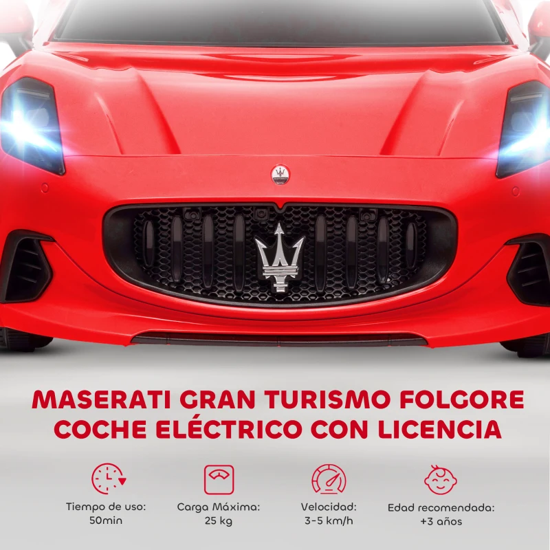 AIYAPLAY Coche Eléctrico Infantil Maserati Gran Turismo Folgore con Batería 12V Mando a Distancia Faros Bocina y Música MP3 Rojo
