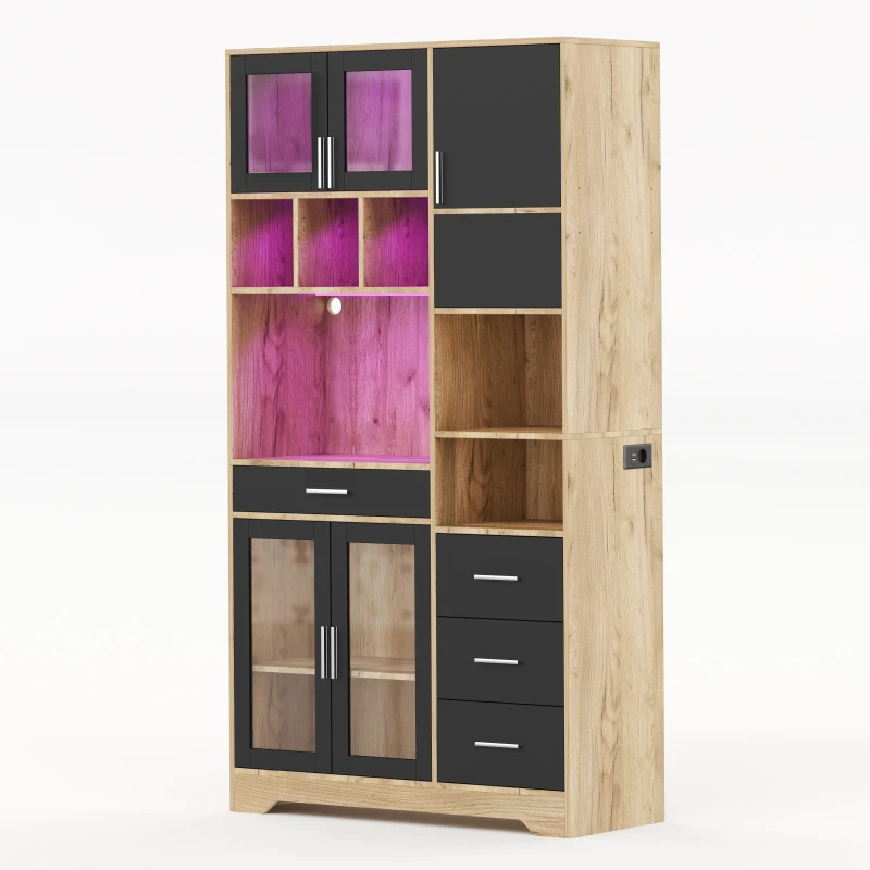 Vintage-Hochschrank im Bauernhausstil, LED-Lichtleiste mit Farbwechsel, 100 x 40 x 185 cm, Schwarz+Naturfarbe