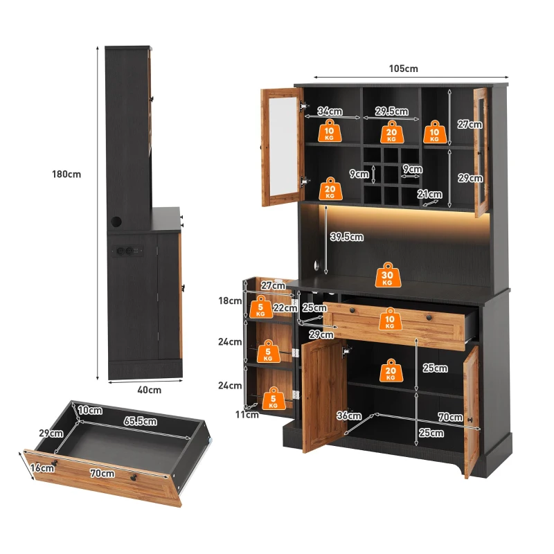 Küchen-Hochschrank mit Vitrine, fünf Türen, Schublade, verstellbare Einlegeböden, 105 x 40 x 180 cm, Naturfarbe