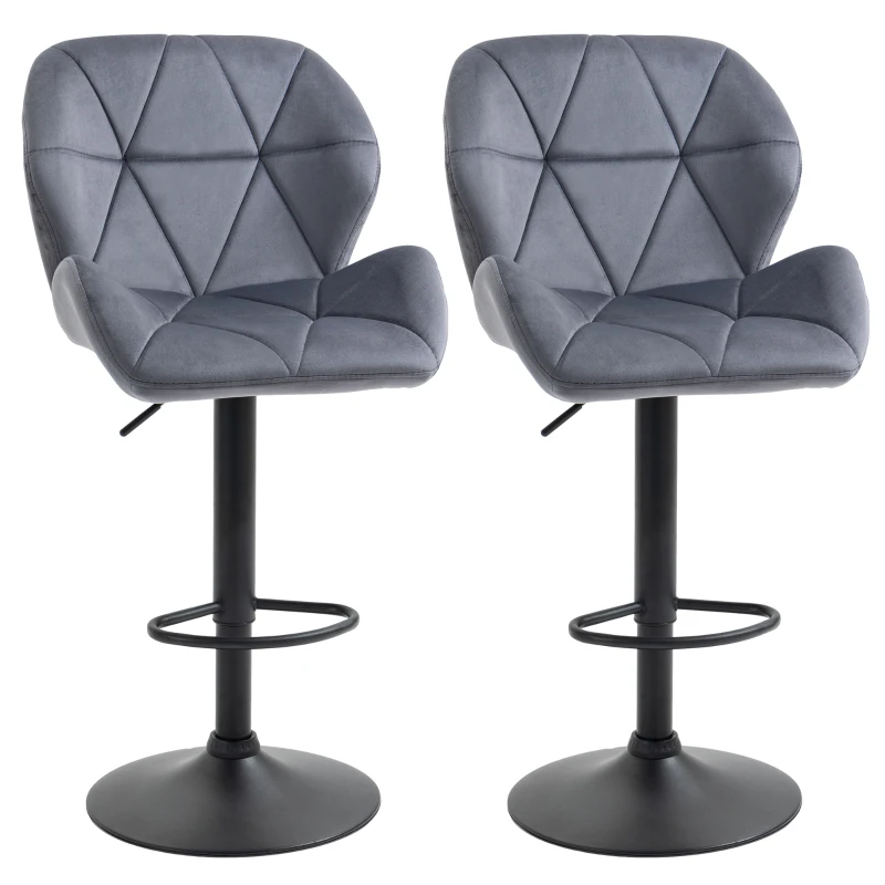 HOMCOM Bar Stools Set Of 2, Luxurious Velvet-Touch Barstools with Metal Frame Footrest Round Base Triangle Indenting Moulded Seat Adjustable Height Swivel Dark Grey