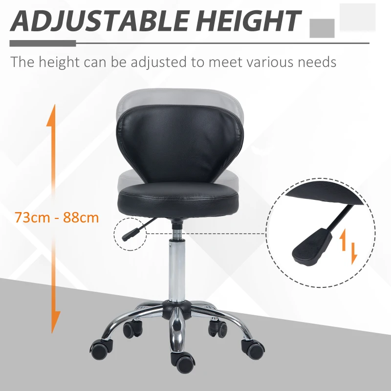 HOMCOM Rolling stool massage stool - 360° swivel work stool - seat adjustable 49-64H cm, ergonomic backrest - chrome metal black synthetic upholstery