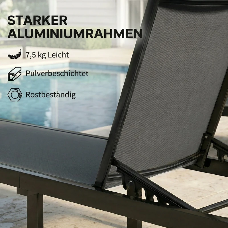 Outsunny Sonnenliege Atmungsaktive Gartenliege mit 6-fach Verstellbar Rückenlehne Rädern Aluminiumrahmen