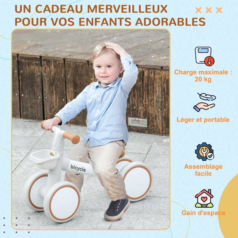 AIYAPLAY Draisienne vélo Enfant 4 roues selle réglable, guidon ergonomique alliage alu. PP, enfant 1 à 3 ans - Marron Blanc(m-8)