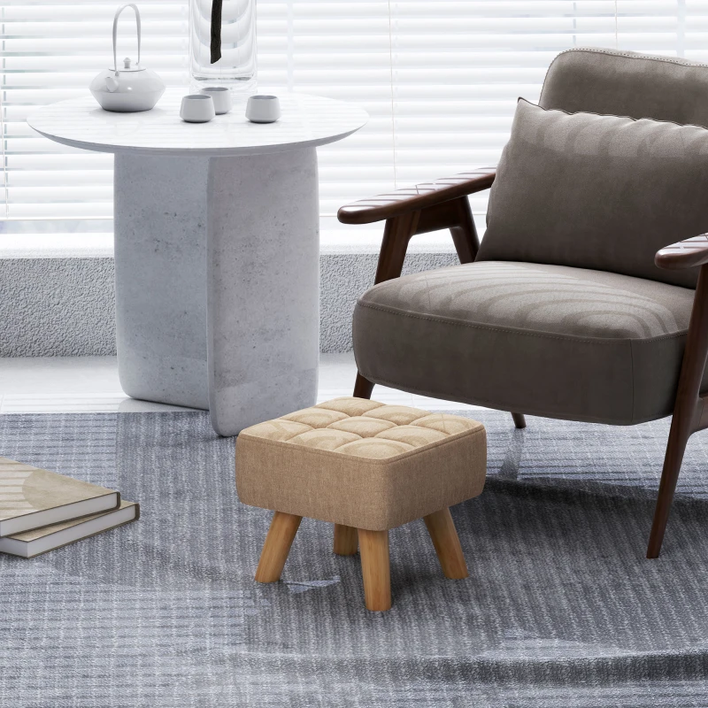 HOMCOM Taboret z Wyściełaniem, Wygląd Lnu, Nogi Drewniane, Do 110 kg, Brązowy