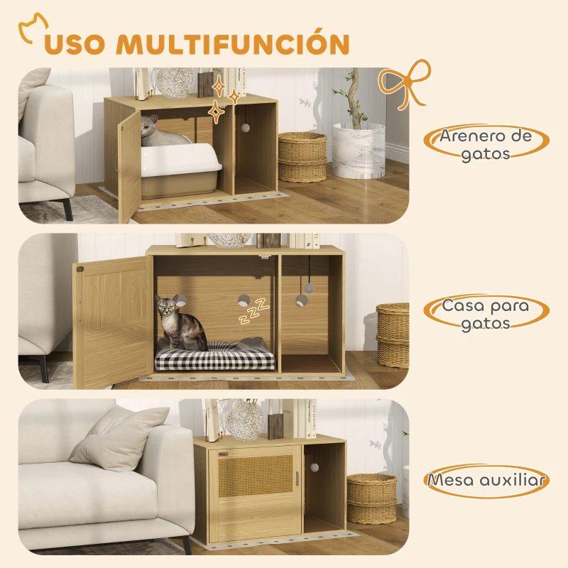 PawHut Mueble Arenero para Gatos Caja de Arena para Gatos con Almohadilla para Rascar y Puerta de Ratán 80x50x50 cm Roble