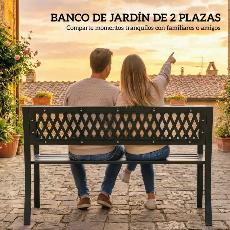 Outsunny Banco de Jardín Exterior de 2 Plazas  con Asiento Listonado Reposabrazos y Marco de Acero 119x50x75 cm Negro