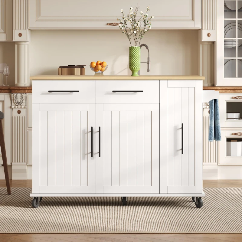 Mobile Kücheninsel mit ausklappbarer Arbeitsplatte, 3-stufigem ausziehbarem Schrank-Organizer, 120x40/65x90 cm, Weiß+Naturfarbe