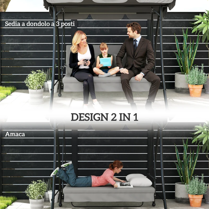 Outsunny Dondolo da Giardino 3 Posti con Tetto Reclinabile Trasformabile Letto in Poliestere Crema 209cm x 114cm x 170cm