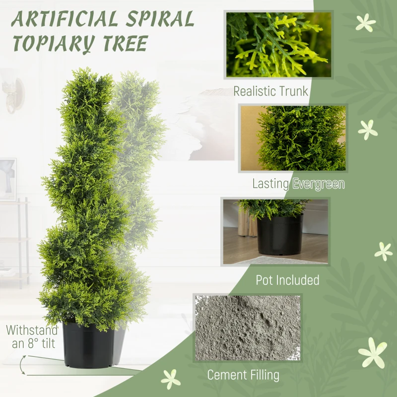HOMCOM Lifelike Artificial Plant, 90cm UV-Resistant Spiral Topiary Tree with 693 Leaves, Fake Plant in Pot for Outdoor and Indoor Decor, Green