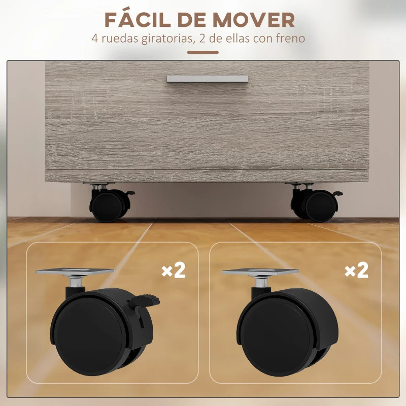 Vinsetto Cajonera de Escritorio con 3 Cajones Ruedas Cerradura 2 Llaves Archivador Móvil para Estudio Salón 40x40x61,5 cm Gris