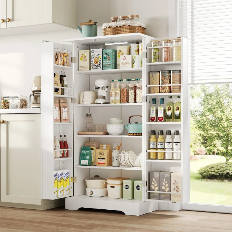 Multifunktionaler Küchenschrank mit LED-Sensorleuchte, Doppeltür mit Staufach, 60x35x128 cm, Weiß