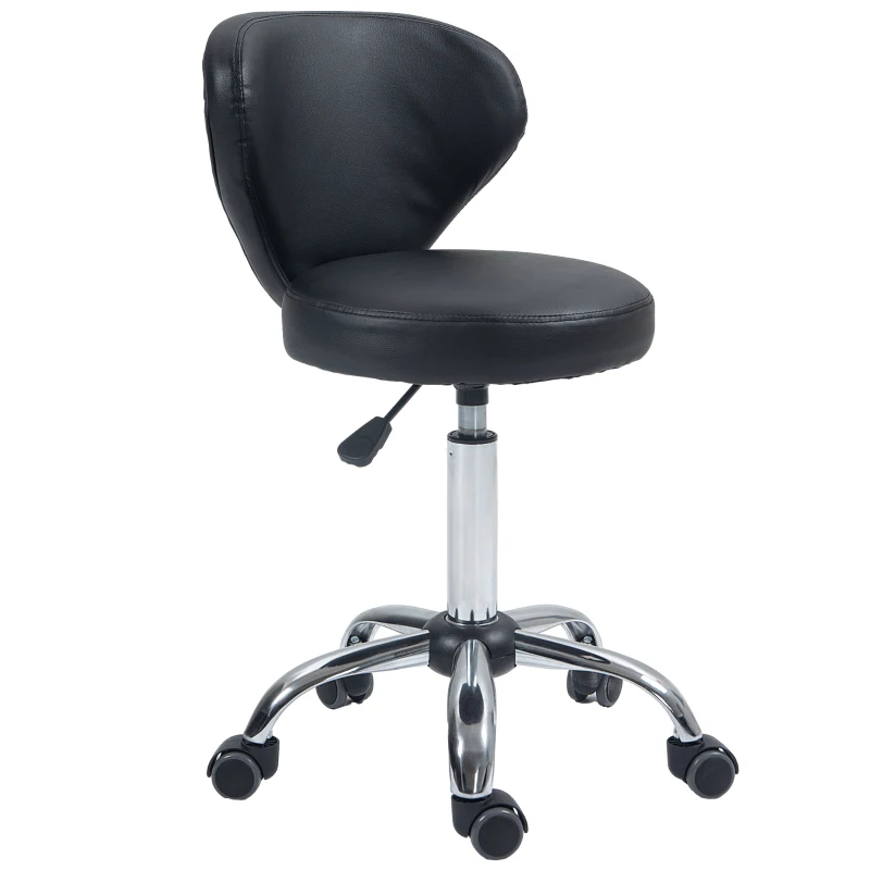 HOMCOM Rolling stool massage stool - 360° swivel work stool - seat adjustable 49-64H cm, ergonomic backrest - chrome metal black synthetic upholstery