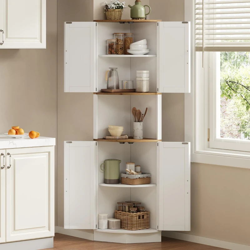 Eckschrank, platzsparend mit 5 Staufächern, Vintage-Küchenschrank, 39,5 x 39,5 x 180 cm, Weiß