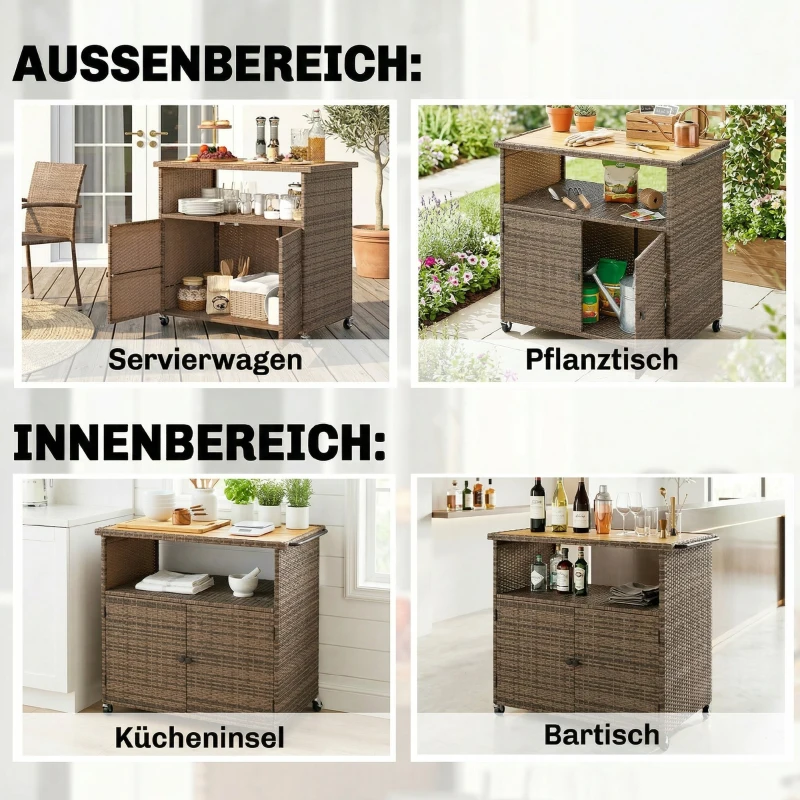 Outsunny Servierwagen Rattan Küchenwagen mit FSC Eukalyptusholz-Arbeitsplatte Ablagefach Rollen Seitengriff 95 x 54 x 84 cm