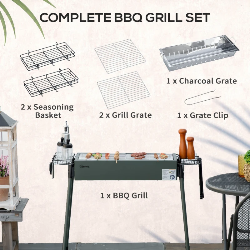 Outsunny Grill węglowy, 2x Ruszt, 1x Ruszt węglowy, 2x Kosz boczny, stal nierdzewna, zielony, 77 x 30 x 70 cm