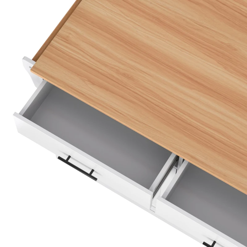 Servierwagen mit klappbarer Tischplatte, 2 Schubladen und Doppeltüren, 136 x 46/71 x 91,5 cm, Weiß+Naturfarbe