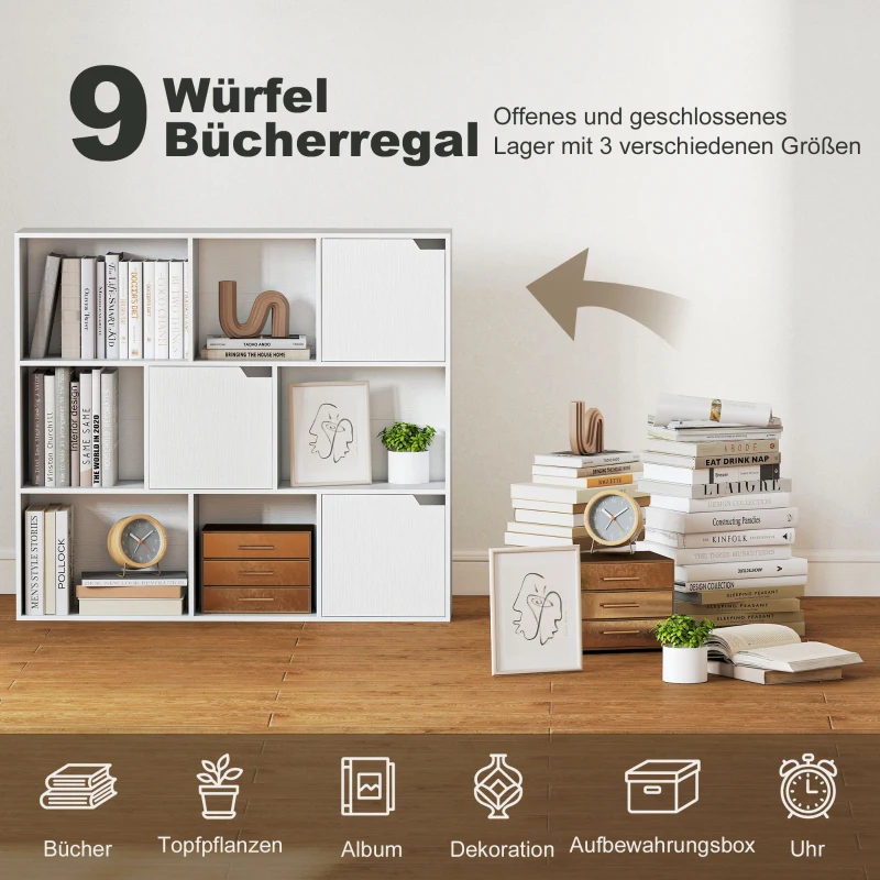 HOMCOM Bücherregal, 9 Würfelfächer, 3 Türen, 6 offene Regale, für Wohnzimmer, Schlafzimmer, Spanplatte, Weiß