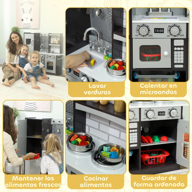 AIYAPLAY Cocina de Juguete de Madera con Sonido Accesorios de Acero Inoxidable para Niños a Partir de 3 Años Marrón Oscuro