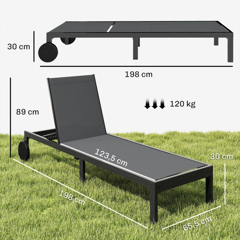 Outsunny Sonnenliege Atmungsaktive Gartenliege mit 6-fach Verstellbar Rückenlehne Rädern Aluminiumrahmen