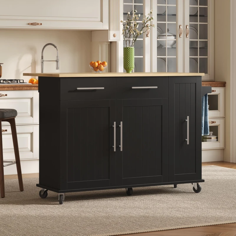 Mobile Kücheninsel mit ausklappbarer Arbeitsplatte, 3-stufigem ausziehbarem Schrank-Organizer, 120x40/65x90 cm, Schwarz+Naturfarbe