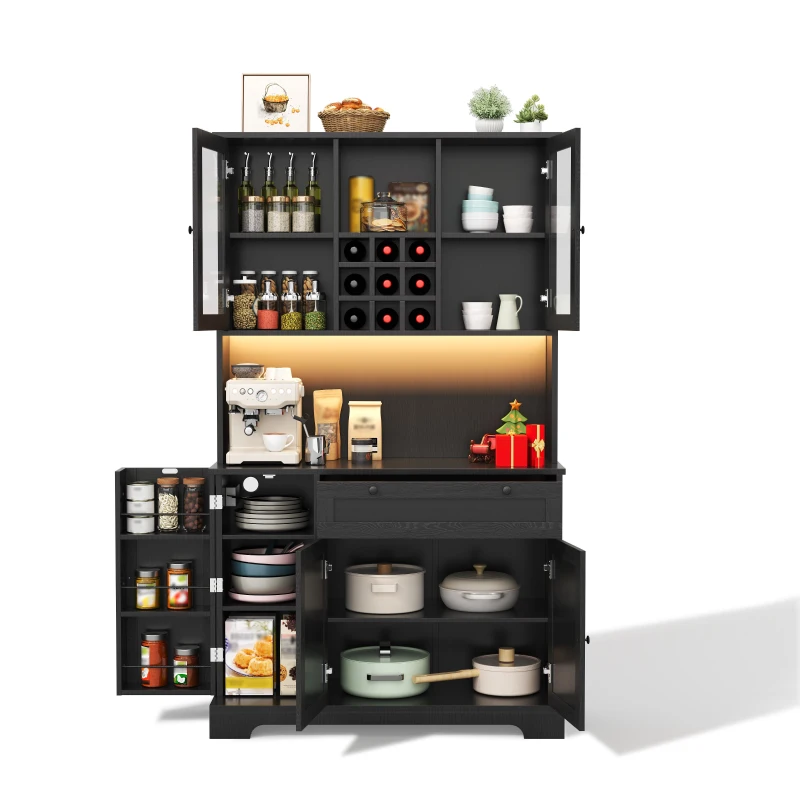 Küchen-Hochschrank mit Vitrine, fünf Türen, eine Schublade, verstellbaren Einlegeböden, 105x40x180 cm, Schwarz