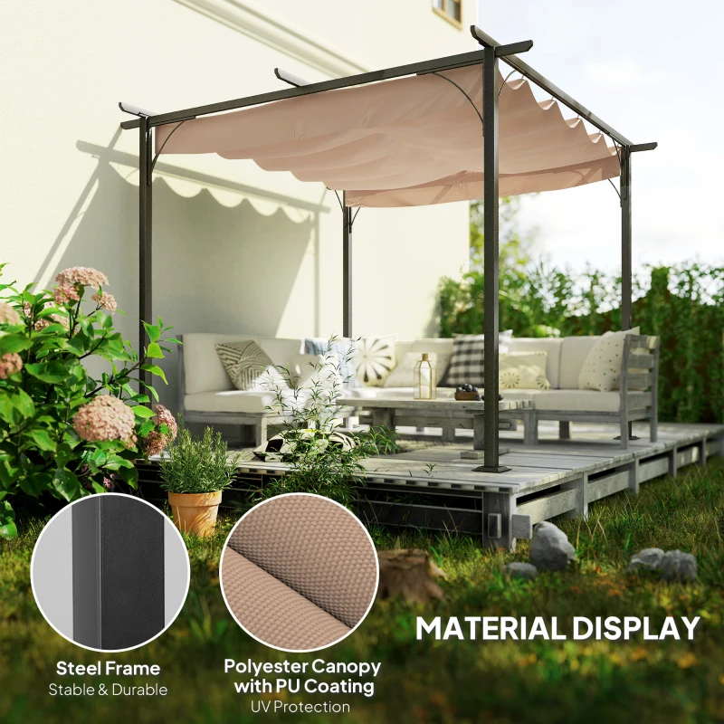 Outsunny 3 x 3(m) Metal Pergola with Retractable Roof, Garden Gazebo Metal Pergola Canopy. Outdoor Sun Shade Shelter for Party BBQ, Beige