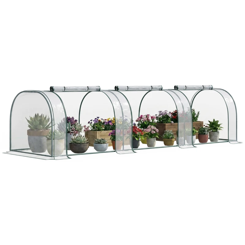 Outsunny PVC Tunnel Greenhouse - Plant Grow House with Steel Frame for Garden Backyard, Zipper Doors, 350Lx100Wx80H cm, Transparent