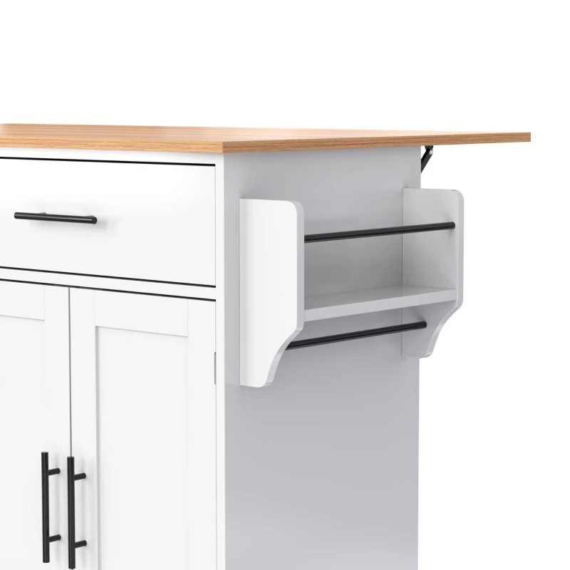 Servierwagen mit klappbarer Tischplatte, 2 Schubladen und Doppeltüren, 136 x 46/71 x 91,5 cm, Weiß+Naturfarbe