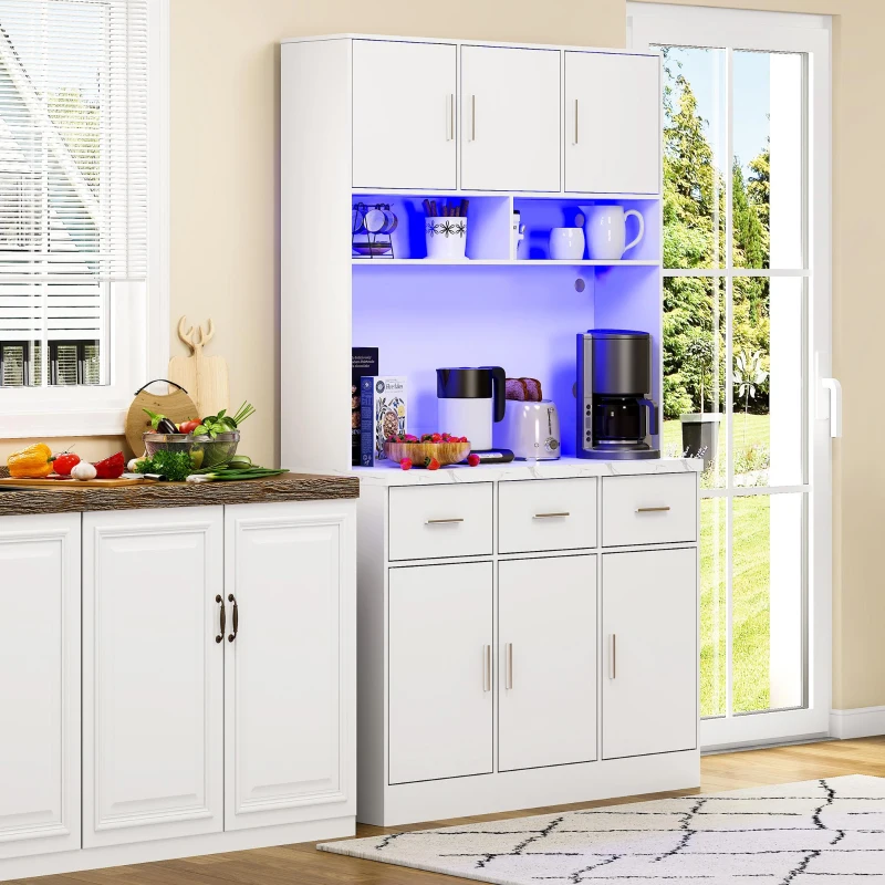 Multifunktionales Küchenbuffet, 3 leise Schubladen und 6 Schranktüren, 100 x 40 x 180 cm, Weiß