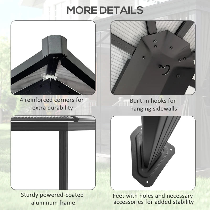 Outsunny 3.6 x 4m Hardtop Gazebo Canopy with Polycarbonate Roof, Aluminium Frame, Permanent Pavilion Garden Gazebo with Netting and Curtains for Patio, Deck, Dark Grey