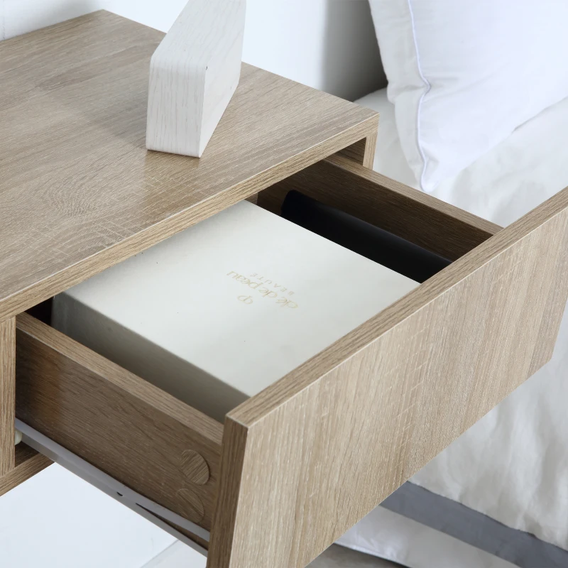 HOMCOM Set of 2 Wall-Mounted Nightstands - Set of 2 Nightstands - Sliding Drawer, Top Surface - Particleboard Light Oak Finish