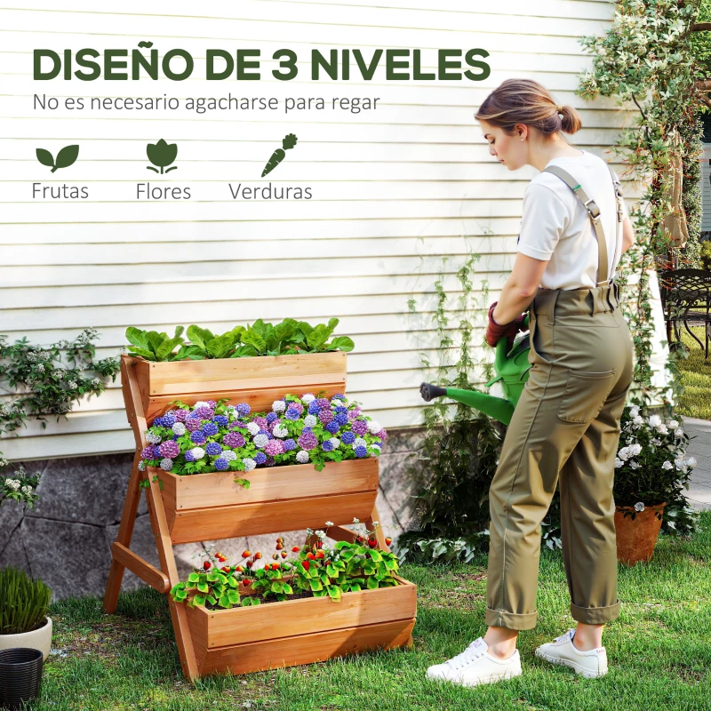 Outsunny Jardinera de Madera de 3 Niveles Jardinera Elevada Exterior con Orificios de Drenaje 65x75x76 cm Marrón