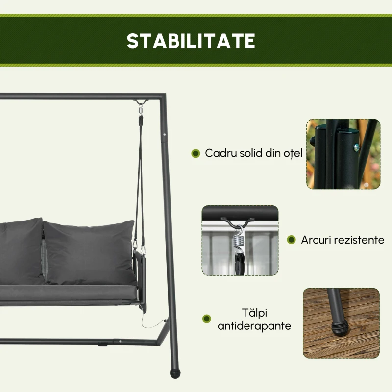 Outsunny Leagăn de Grădină cu 2 Locuri, Perne și Buzunare, Balansoar Exterior din Oțel și Textile, 168x117x181 cm, Gri Închis