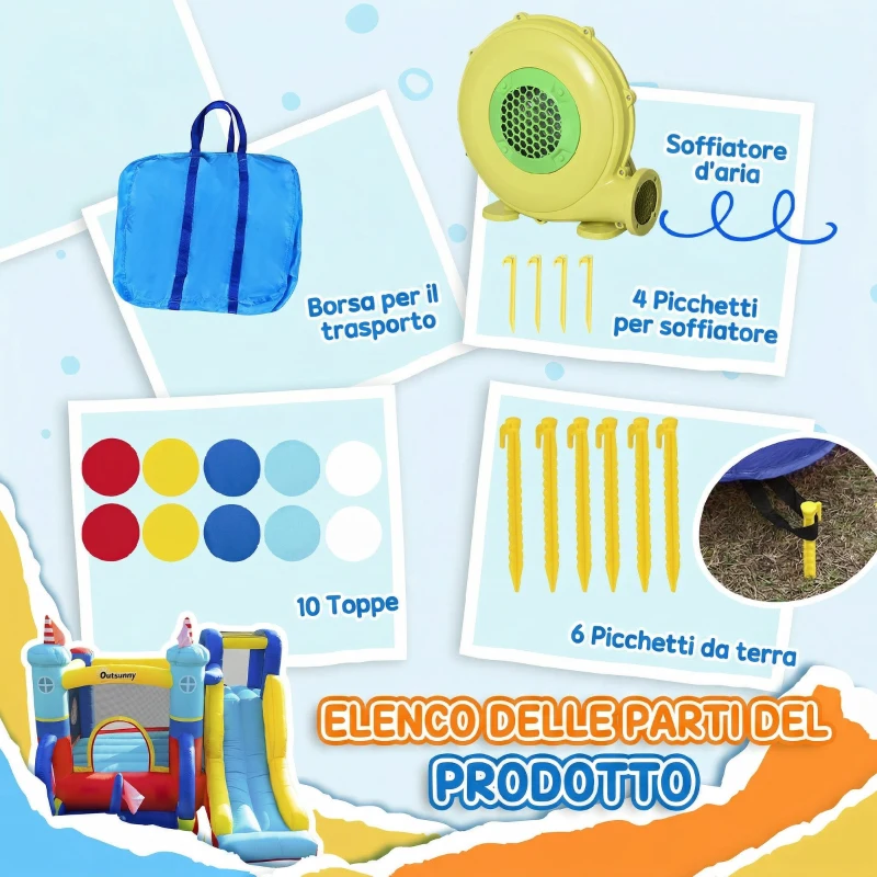 Outsunny Castello Gonfiabile 4 in 1 Bimbi 3-8 Anni, Scivolo e Piscina, 265x260x200cm