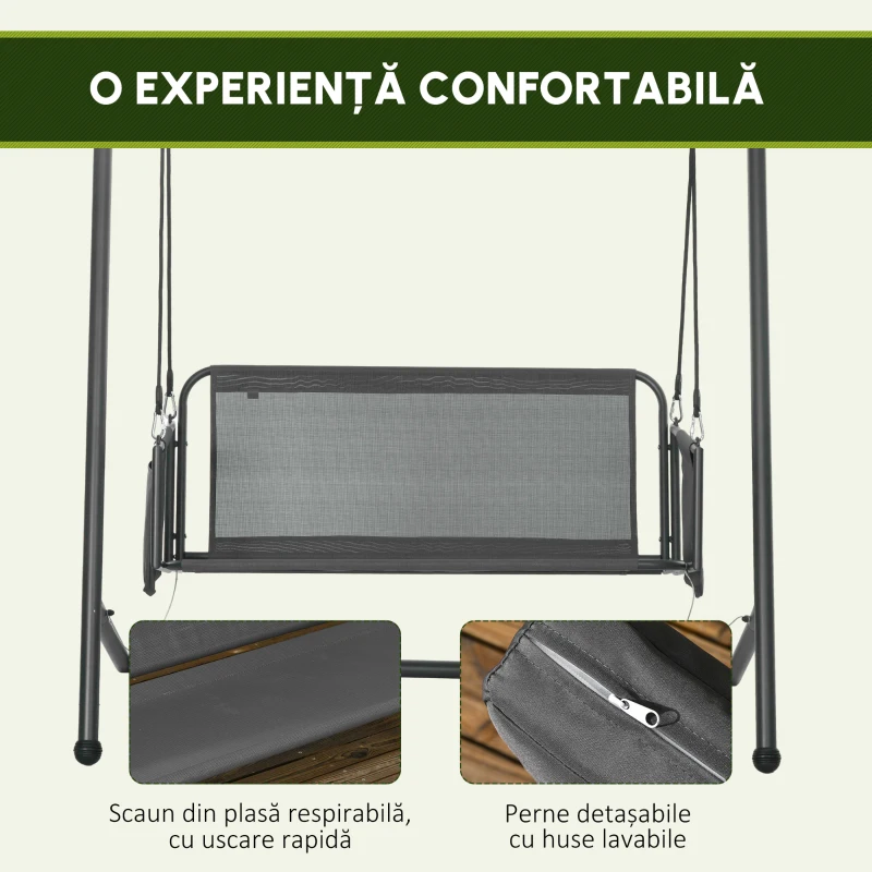 Outsunny Leagăn de Grădină cu 2 Locuri, Perne și Buzunare, Balansoar Exterior din Oțel și Textile, 168x117x181 cm, Gri Închis