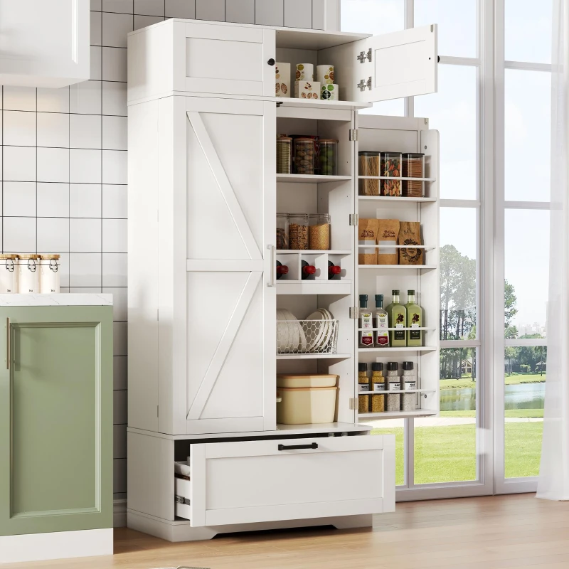 Freistehender Küchenaufbewahrungsschrank mit Weinregal, verstellbaren Einlegeböden und Flügeltüren, 80x40x180 cm, Weiß