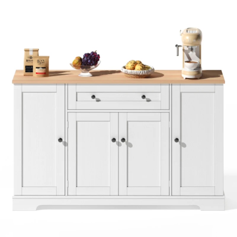 Multifunktionales Küchenbuffet, mit Schublade und Regaltüren, Modernes Design, 138 x 40 x 85 cm, Weiß+Naturfarbe