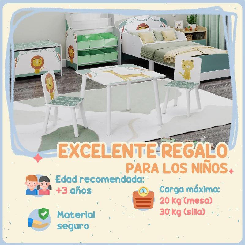 AIYAPLAY Mesa y Sillas Infantiles de 3 Piezas Mesa Infantil con 2 Sillas de Madera de Pino para niños de +3 Años 60x60x44 cm Verde