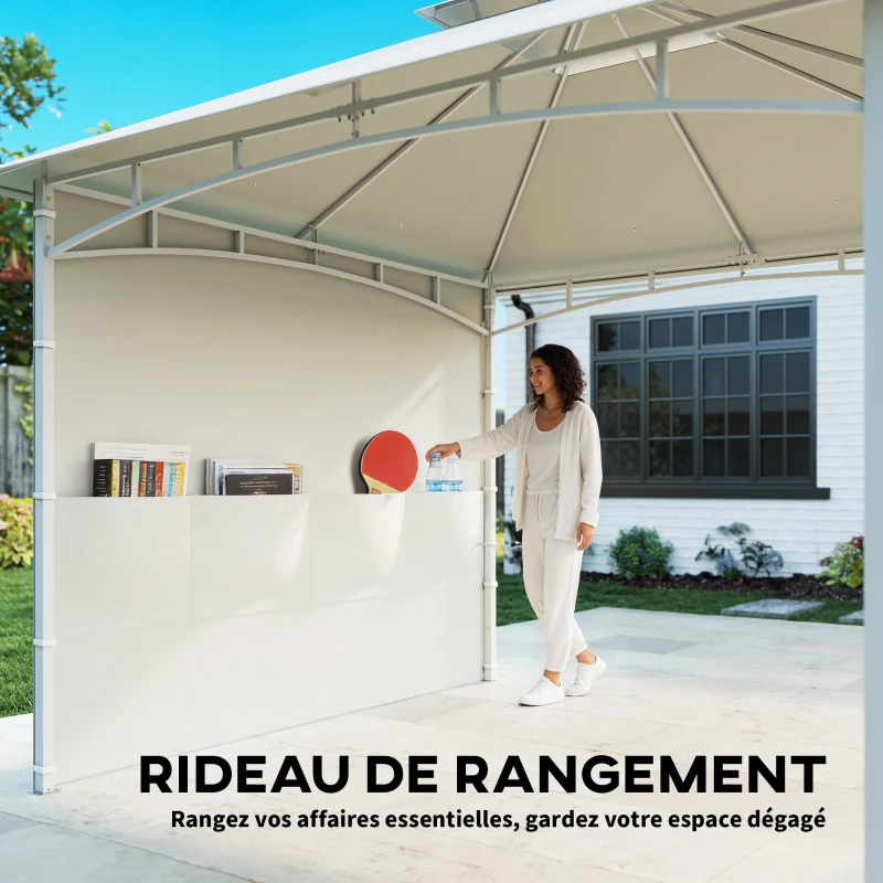 Outsunny Pavillon Tonnelle de Jardin Toit Double Rideaux et Poches de Rangement Crochet de Plafond 3 x 3 m Crème