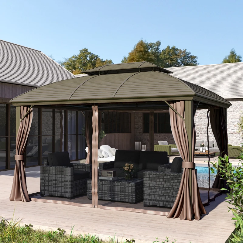 Outsunny 3.65 x 3(m) Hardtop Steel Gazebo Canopy with Aluminium Frame, Double Roof, Net Sidewalls and Curtains, Coffee
