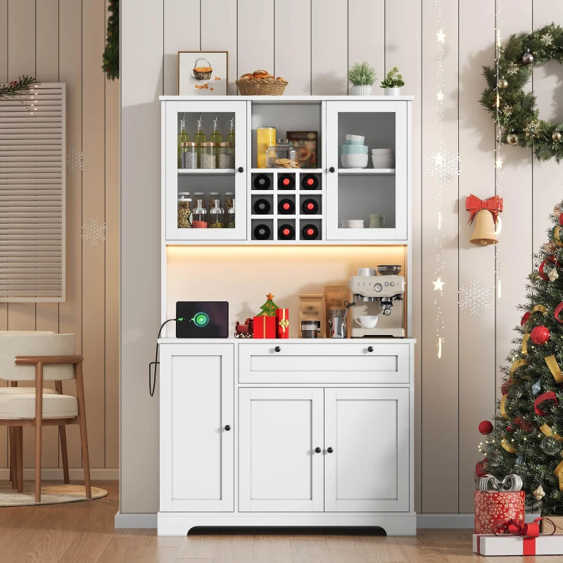 Küchen-Hochschrank mit Vitrine, fünf Türen, eine Schublade, verstellbaren Einlegeböden, 105x40x180 cm, Weiß