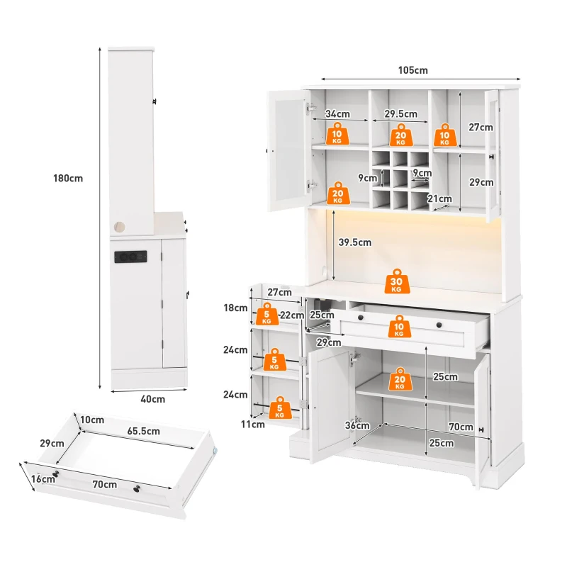 Küchen-Hochschrank mit Vitrine, fünf Türen, eine Schublade, verstellbaren Einlegeböden, 105x40x180 cm, Weiß