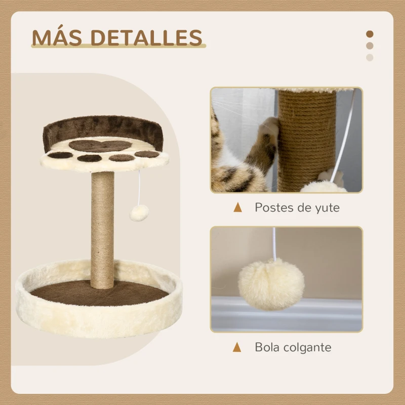 PawHut Árbol Rascador para Gatos Altura 44 cm Torre de Escalada con 2 Camas Poste de Yute, Juguete Colgante Marrón