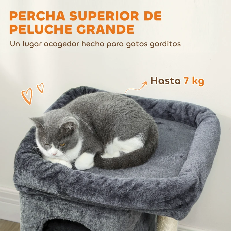 PawHut Árbol Rascador para Gatos Árbol para Gatos 66 cm con Cama 2 Cuevas Poste de Sisal Bola para Jugar Gris Oscuro