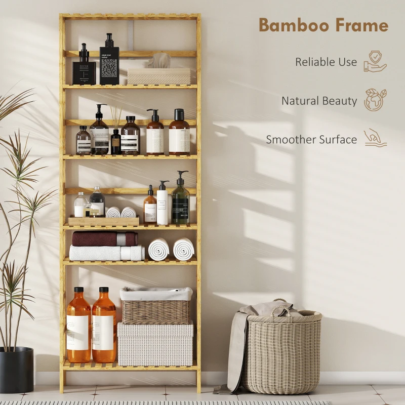 HOMCOM Raft din Lemn de Bambus cu 6 Niveluri și Polițe Reglabile, 60x26x161 cm, Lemn Natural