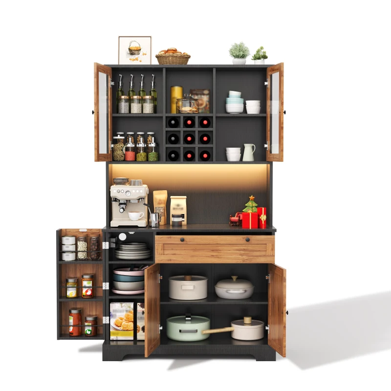 Küchen-Hochschrank mit Vitrine, fünf Türen, Schublade, verstellbare Einlegeböden, 105 x 40 x 180 cm, Naturfarbe